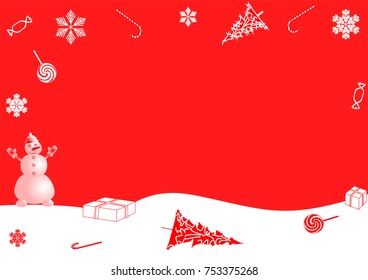 Christmas red background with snowflakes, sweets, gifts, snowman, christmas vector design.
