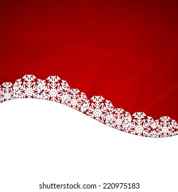 Christmas red background with snowflakes and white frame. Vector illustration. Eps10.