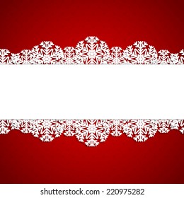 Christmas red background with snowflakes and white frame. Vector illustration. Eps10.