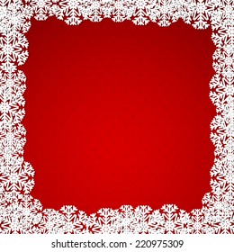 Christmas red background with snowflakes and white frame. Vector illustration. Eps10.