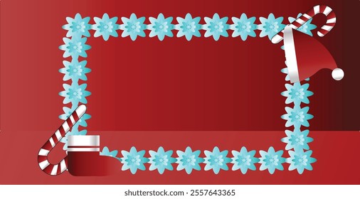 Christmas red background with socks, sticks, hat and ice flowers.