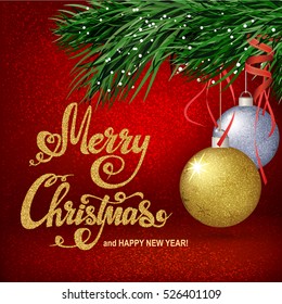 Christmas red background with sparkles and balls. Merry Christmas - hand lettering.  Vector.