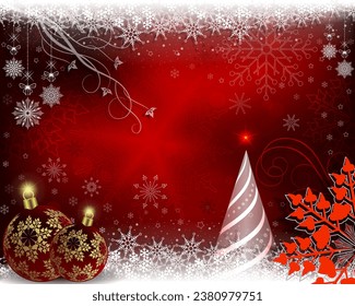 Christmas red background with spruce, burgundy christmas balls and a red snowflake.