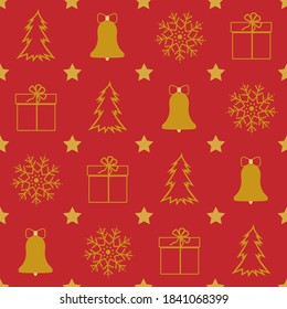 Christmas red background. The texture of the golden symbols of the winter season Christmas tree, bell, gift, star and snowflake. Traditional Christmas attributes ornamental background. Vector