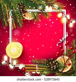 Christmas red background with traditional decorations and place for your text
