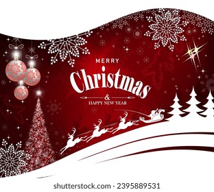 Christmas red background with Christmas tree, balls, snowflakes and Santa Claus on reindeer.