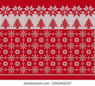 Christmas red background with tree and snoflakes. Knitted sweater print. Xmas geometric border. Holiday knit seamless pattern. Fair isle traditional texture. Festive winter ornament. Vector.