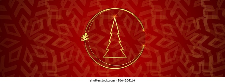 Christmas red background with Christmas tree and snowflakes. Space for text.