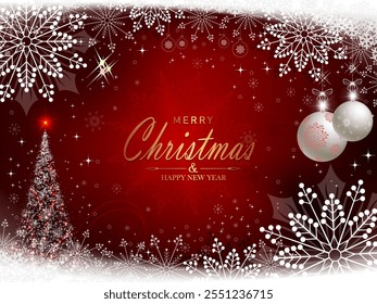Weihnachtsroter Hintergrund mit einem Baum, Schneeflocken und Neujahrsspielzeug.