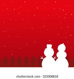 Christmas red background with two snowman silhouette