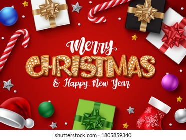 Christmas in red background vector design. Merry chirstmas gingerbread text with colorful decor element with empty space for xmas greeting messages card and celebration. Vector illustration     
