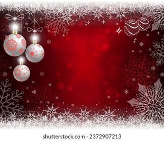 Christmas red background with white balls and snowflakes.