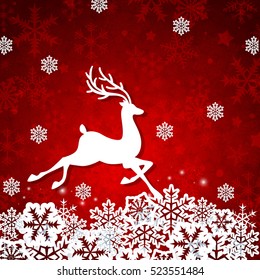 Christmas red background with white cut from paper deer and snowflakes. Design for greeting card.