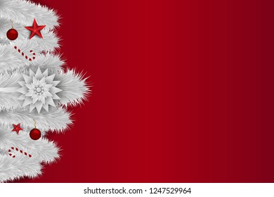 Christmas red background. with white fir branch, toys, stars and candy. Copy space . Happy new year.