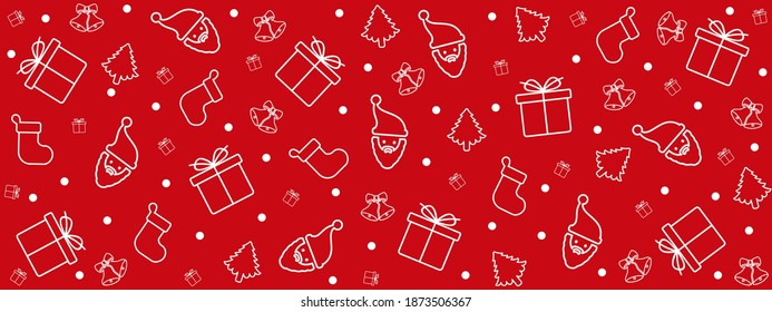 Christmas red background with white gift boxes, santa, sock, Christmas tree, bells and snow banner, seamless pattern for Christmas greetings, New Year holidays – stock vector