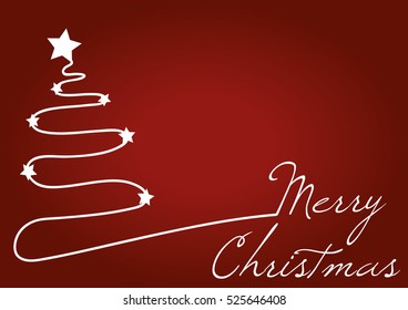 Christmas red background with white Christmas tree and trendy hand written text. Merry Christmas card.
