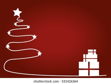 Christmas red background with white Christmas tree and gift set.