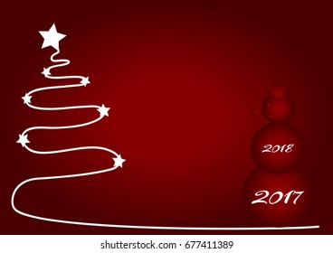 Christmas red background with white Christmas tree and red snowman 2017, 2018.