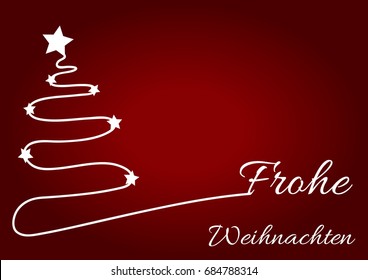 Christmas red background with white Christmas tree and wish written in German language. Frohe Weihnachten.