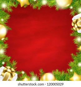 Christmas Red Background With-Fir Tree Border With Gradient Mesh, Vector Illustration