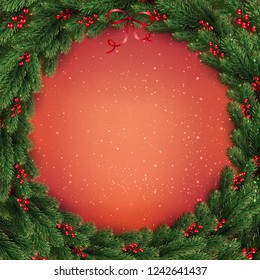 Christmas red background with Christmas wreath of tree branches, berries, lights, snowflakes. Xmas theme. Vector Illustration