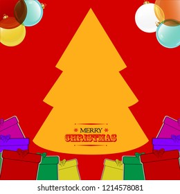 Christmas Red Background with Yellow Tree Baubles Gift Boxes and Decorative Text