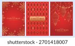 Christmas red backgrounds with gold pattern, Christmas tree decorations and snowflakes. Holiday cards with stars and glitter effect for winter decor.
