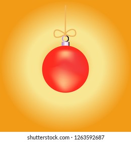 Christmas red ball. Colorful decoration illustration on gold background. Symbol merry christmassy and celebration winter. Isolated graphic element. 3D vector image. Vector illustration