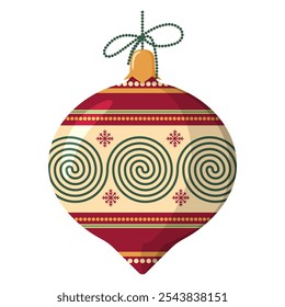 Christmas red ball with red and cream colored spiral ornament