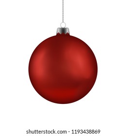 Christmas red ball handing on string. Xmas vector bauble isolated on white background. New Year decoration element. Vector illustration.