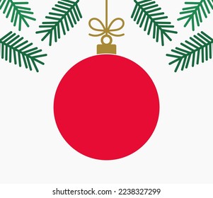 Christmas red ball hanging ornament and fir branches isolated on white background. Christmas card vector illustration.