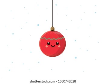 Christmas red ball on a rope, c gold mount and green pattern. Live ball with a cute face, smile and cheeks. White background with snow flakes