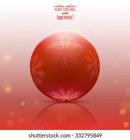 Christmas red  ball with snowflakes, reflection, vector