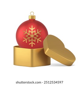 Christmas red ball toy in golden heart gift box 3d icon realistic vector illustration. Luxury Xmas New Year bauble with snowflake and loop for hanging in premium metallic present open package