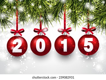 Christmas red balls with 2015. Fir twigs. Vector illustration. 