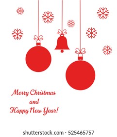 Christmas red balls and bell ornaments on white background illustration