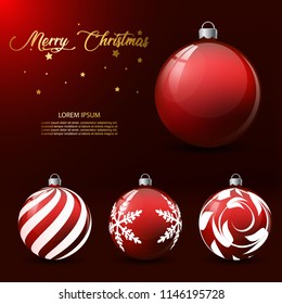 Christmas red balls with different patterns. Vector Illustration