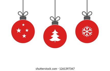 Christmas red balls hanging ornaments on white background. Vector illustration.