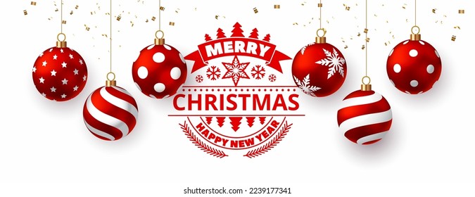 Christmas red balls with lettering stamp and serpentine in white background . Vector illustration