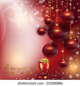 Christmas red balls on a Christmas background of glare.Vector illustration of holiday, Christmas tree decorations, menu, card, postcard, banner. Hanging a bunch of Christmas tree decorations.