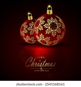 Christmas red balls on a dark background with golden snowflakes and mirror reflection.