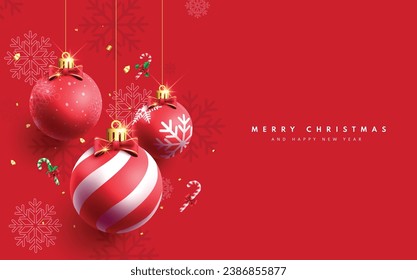 Christmas red balls vector design. Merry christmas greeting card with hanging red xmas balls and snowflakes in elegant shiny decoration elements. Vector illustration holiday season invitation card.
