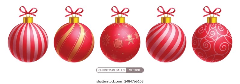 Christmas red balls vector set design. Red xmas balls ornaments with pattern and print decoration elements for holiday season elegant sphere collection. Vector illustration round elements design. 
