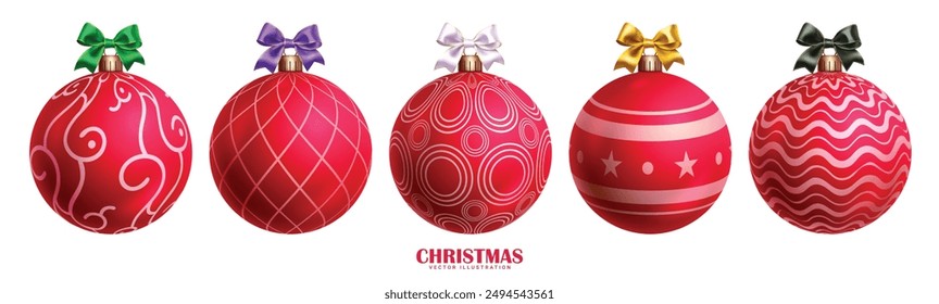 Navidades bolas rojas de diseño de conjunto de Vector. Bolas adorno de Navidad en Elementos de bauble de patrón impreso con corbata de cinta de colores en fondo aislado blanco. Ilustración vectorial decoración de vacaciones colección. 