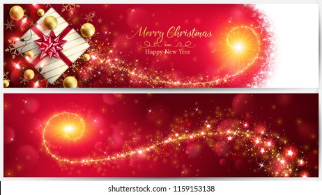 Christmas red banner with golden magic stardust through the gift box and included ornaments such as string lights ,balls and bokehs