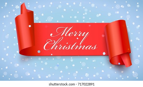 Christmas red banner with greeting text, 3D illustration. New year banner on falling snowflakes backdrop. Realistic paper red ribbon with wrapped corners.
