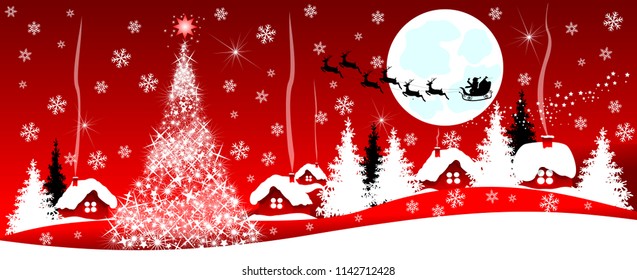 Christmas red banner. Night scene of a Christmas holiday on a red background. 