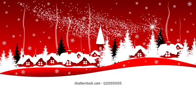 Christmas red banner. Night scene of a Christmas holiday on a red background.