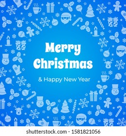 Christmas red banner with text and with flat icons. Vector illustration. New Year card. For invitations, greeting cards, web design, shop window design, for printing on packaging, cups, plates, bags.