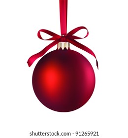 Christmas red bauble ball hanging on a ribbon isolated on white, vector illustration